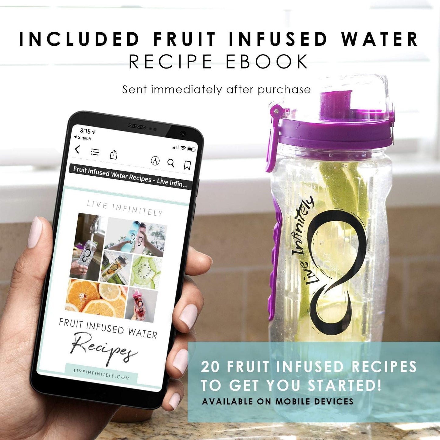 Included Fruit Infused Water Recipe E-Book 32Oz Fruit Infusing Water Bottle - Water Infuser Bottle & Insulating Sleeve & Recipe Ebook First Full-Length Infusion Rod - Water Intake Tracker (Ocean)