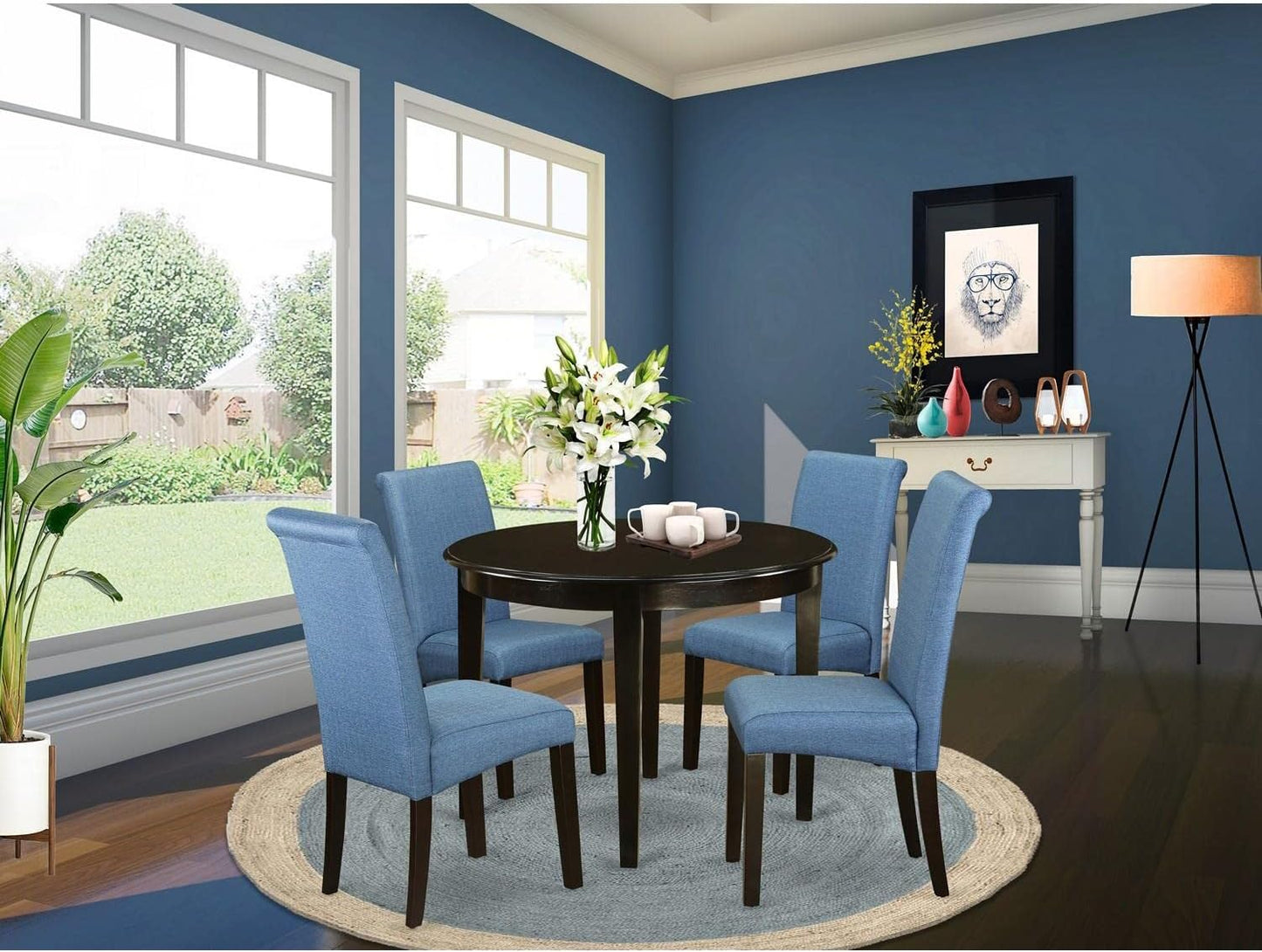 Elegant & Stylish BOBA5-CAP-21 5 Piece Kitchen Table & Chairs Set Includes a round Dining Room Table and 4 Blue Color Linen Fabric Parsons Dinette Chairs, 42X42 Inch, Cappuccino