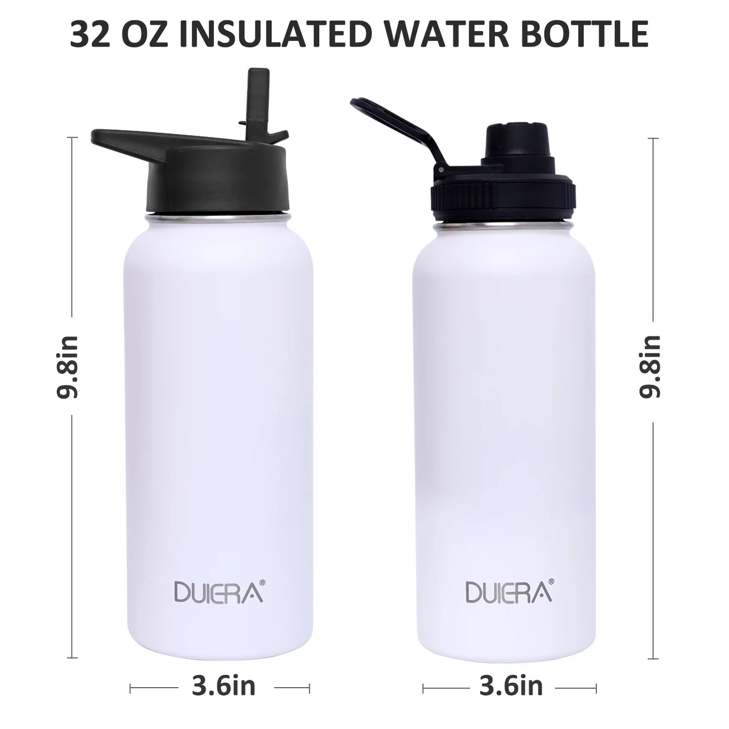9.8" Long White Water Bottle 32 Oz Stainless Steel Water Bottle 1L Vacuum BPA Free Water Bottle with Straws & Leak Proof Spout Lids & Straw Brush