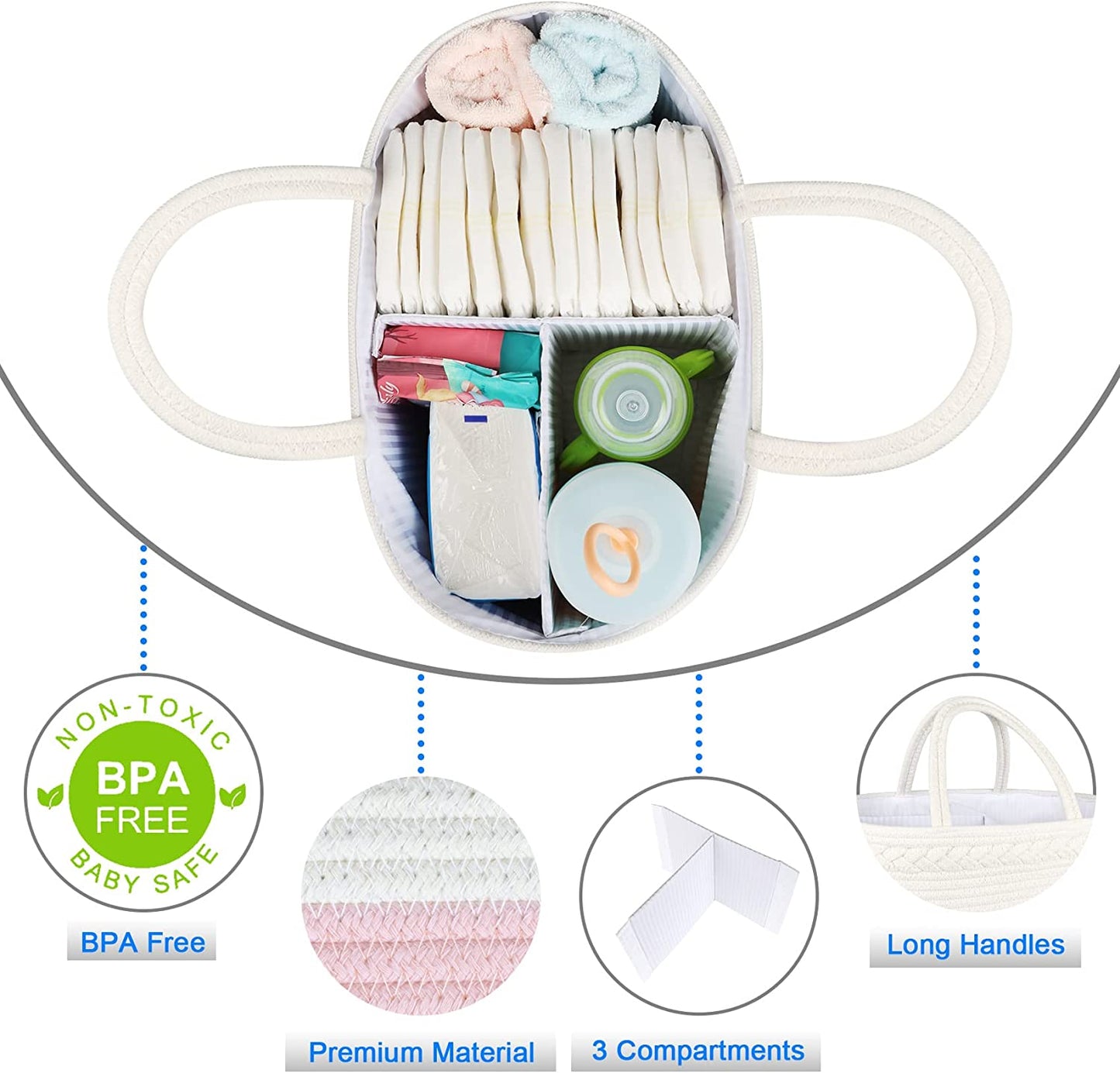 Three Compartments Diaper Caddy Organizer, Cotton Rope Nursery Baby Basket, Changing Table Organizer for Baby Diaper Storage, Diaper Nursery Storage Bin for Baby Stuff, Baby Shower Gifts for Girls, Pink