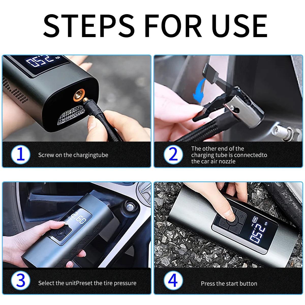 Image displaying step by step use for Tire Inflator, Portable 150 PSI Air Compressor Bicycle Pump with Digital Pressure Gauge, Cordless Rechargeable Tire Pump with Emergency LED Light, Mini Electric Air Pump for Car Bike Motorcycle Ball