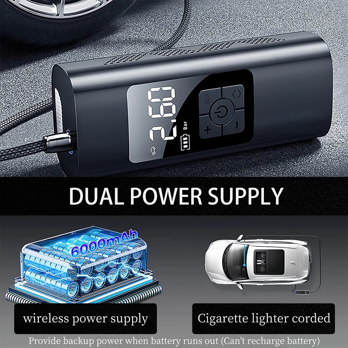 Dual Power Supply Tire Inflator, Portable 150 PSI Air Compressor Bicycle Pump with Digital Pressure Gauge, Cordless Rechargeable Tire Pump with Emergency LED Light, Mini Electric Air Pump for Car Bike Motorcycle Ball