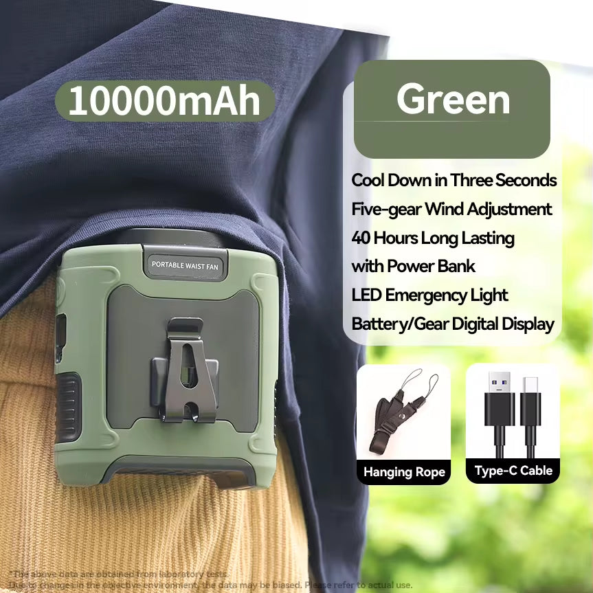 Green 20000mAh Outdoor Portable Waist Fan with Power Bank and LED Lighting for Sports and Outdoor Activities