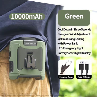 Green 20000mAh Outdoor Portable Waist Fan with Power Bank and LED Lighting for Sports and Outdoor Activities
