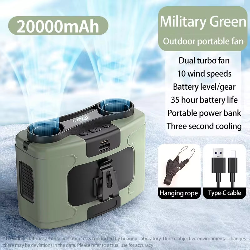 Military Green 20000mAh Outdoor Portable Waist Fan with Power Bank and LED Lighting for Sports and Outdoor Activities