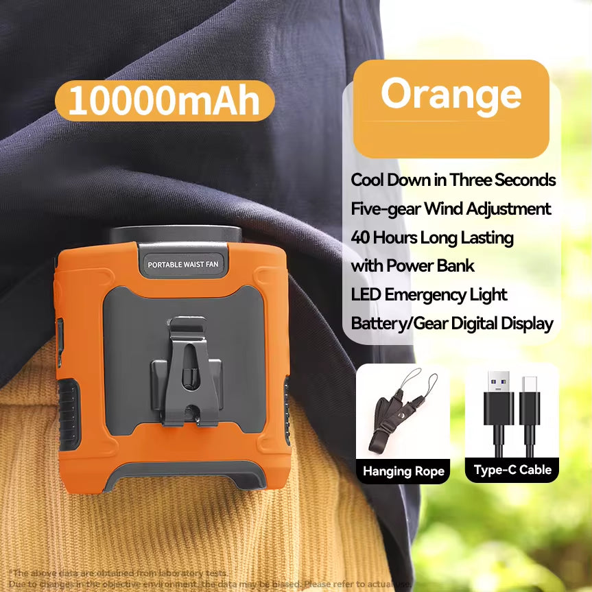 Orange 20000mAh Outdoor Portable Waist Fan with Power Bank and LED Lighting for Sports and Outdoor Activities