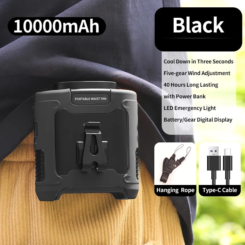 Black 20000mAh Outdoor Portable Waist Fan with Power Bank and LED Lighting for Sports and Outdoor Activities