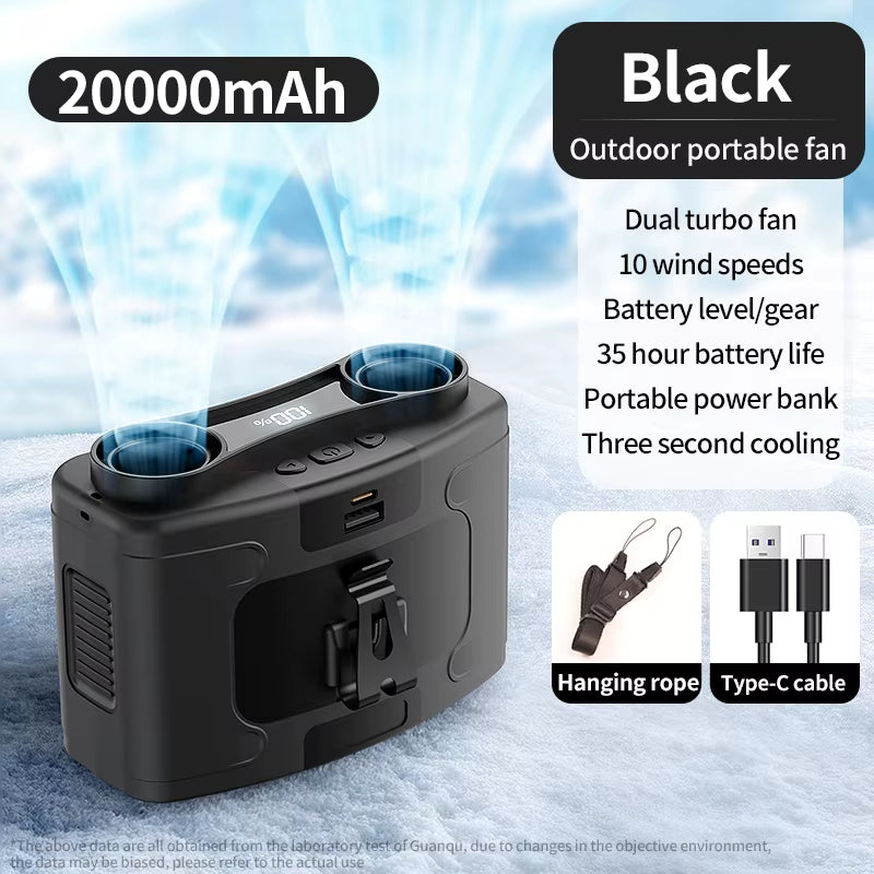 20000mAh Outdoor Portable Waist Fan with Power Bank and LED Lighting for Sports and Outdoor Activities