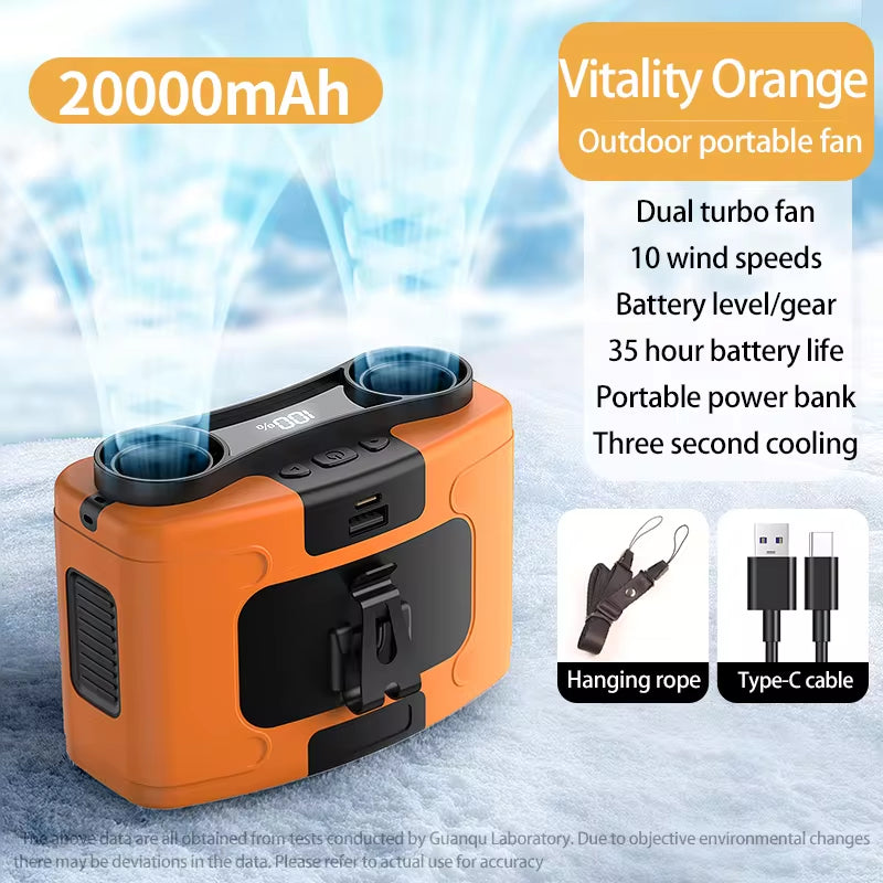 Vitality Orange 20000mAh Outdoor Portable Waist Fan with Power Bank and LED Lighting for Sports and Outdoor Activities