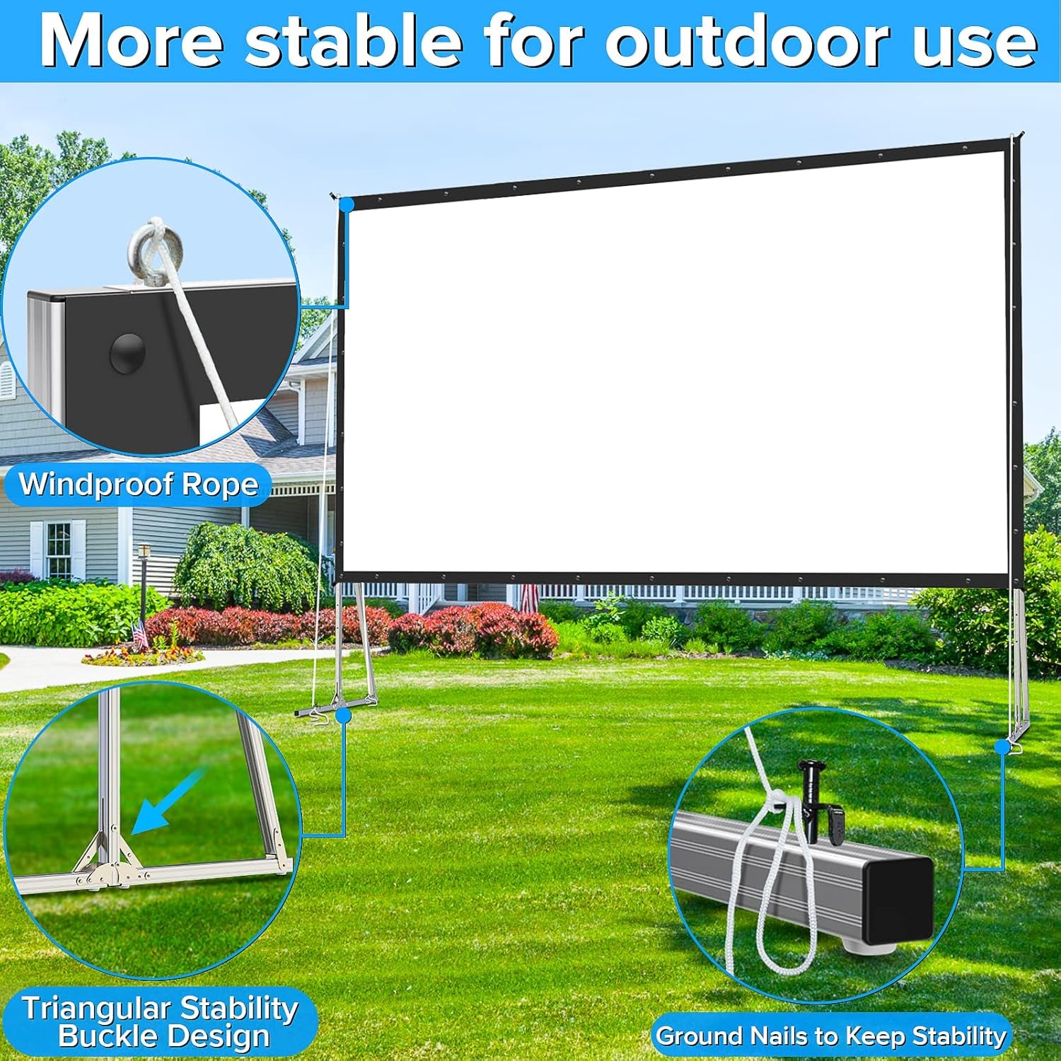 200 Inch Projector Screen - Windproof Rope - Triangular Stability Buckle Design and Ground Nails to Keep Stability with Stand
