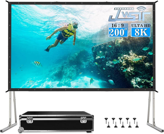 200 Inch Projector Screen with Stand, Upgraded 3 Layers PVC 16:9 Large Outdoor Projector Screen, Portable Outdoor Movie Screen with Carrying Bag for Large Commercial Performance