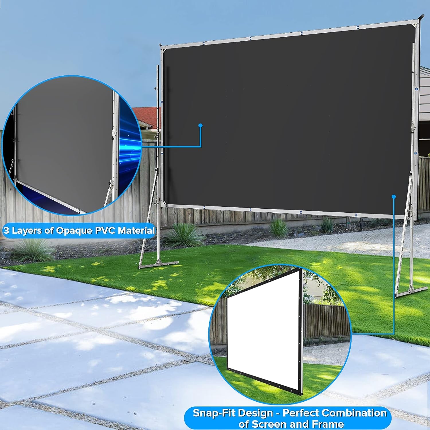 Snap-Fit Design 200 Inch Projector Screen with Stand, Upgraded 3 Layers PVC 16:9 Large Outdoor Projector Screen , Portable Outdoor Movie Screen with Carrying Bag for Large Commercial Performanceign