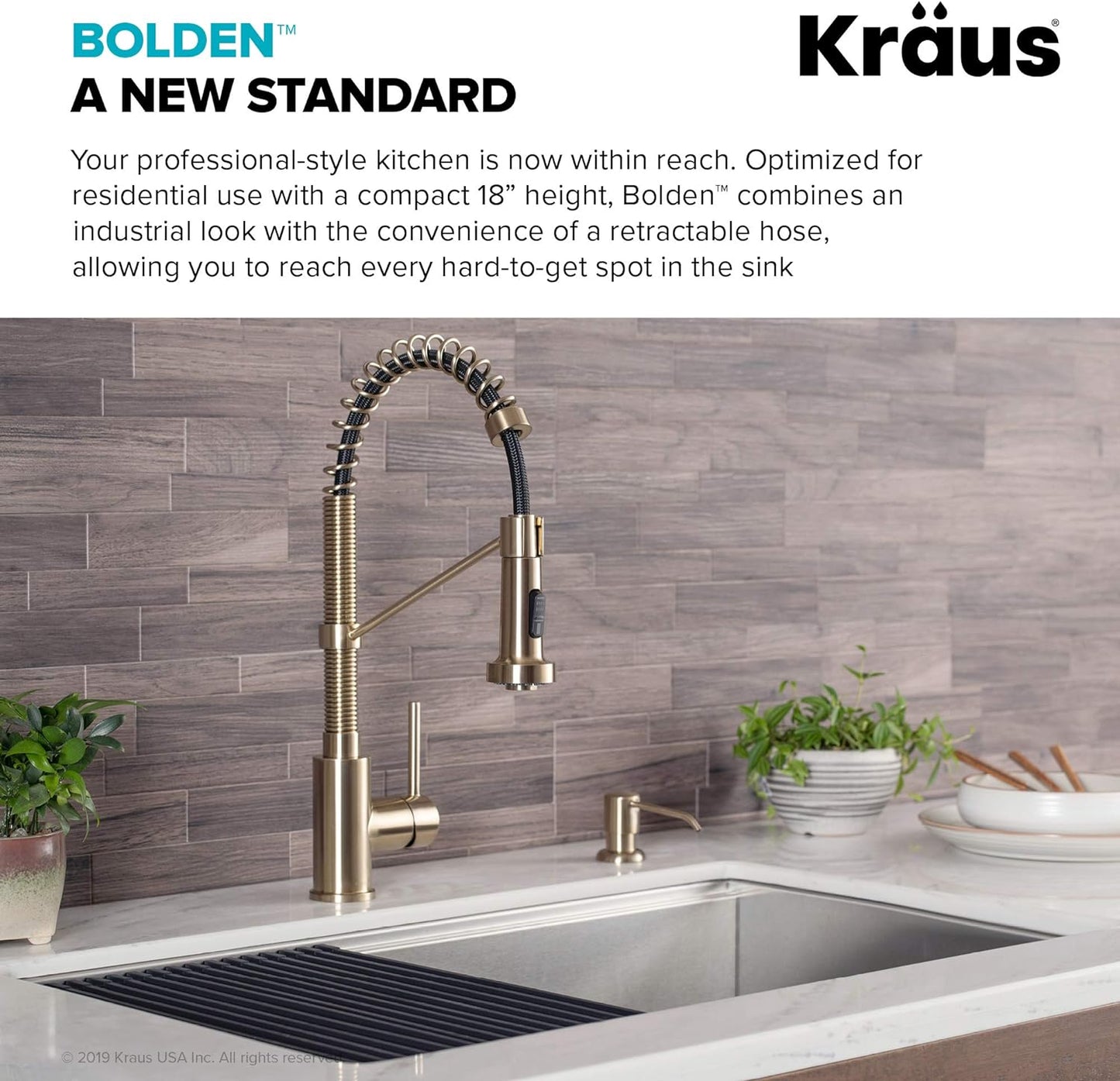 18" Height Bolden Commercial Style 2-Function Single Handle Pull down Kitchen Faucet in Brushed Gold, KPF-1610BG