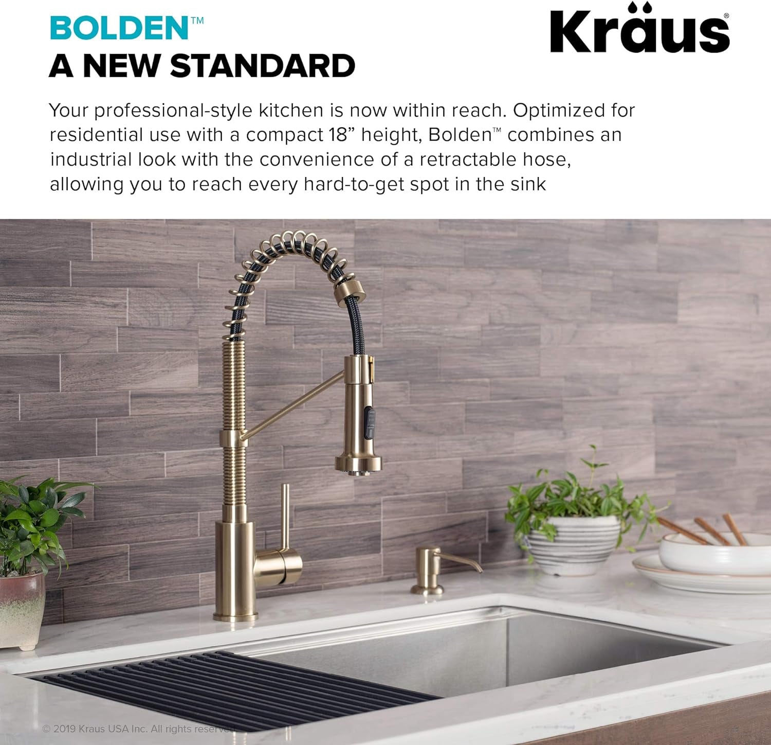 18" Height Bolden Commercial Style 2-Function Single Handle Pull down Kitchen Faucet in Brushed Gold, KPF-1610BG