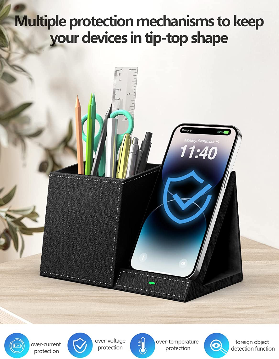 Multiple Protection Mechanisms 2-In-1 Pen Holder with Wireless Charger, Compatible with Iphone 16/15/14/13/12/11/8 Series, Pencil Holder Phone Stand for Desk Home Office, Men Gift Husband Wife Anniversary Dad Birthday Idea Gadget