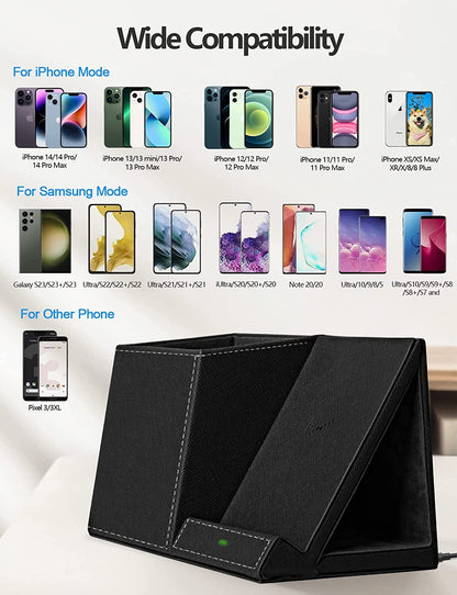 Wide Compatibility 2-In-1 Pen Holder with Wireless Charger, Compatible with Iphone 16/15/14/13/12/11/8 Series, Pencil Holder Phone Stand for Desk Home Office, Men Gift Husband Wife Anniversary Dad Birthday Idea Gadget