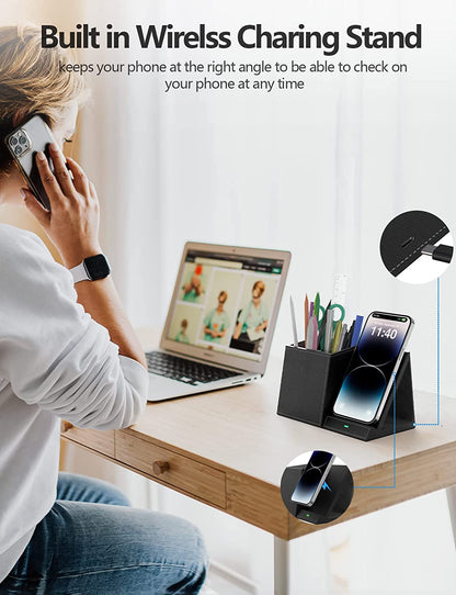 Built in Wireless Charing Stand 
2-In-1 Pen Holder with Wireless Charger, Compatible with Iphone 16/15/14/13/12/11/8 Series, Pencil Holder Phone Stand for Desk Home Office, Men Gift Husband Wife Anniversary Dad Birthday Idea Gadget