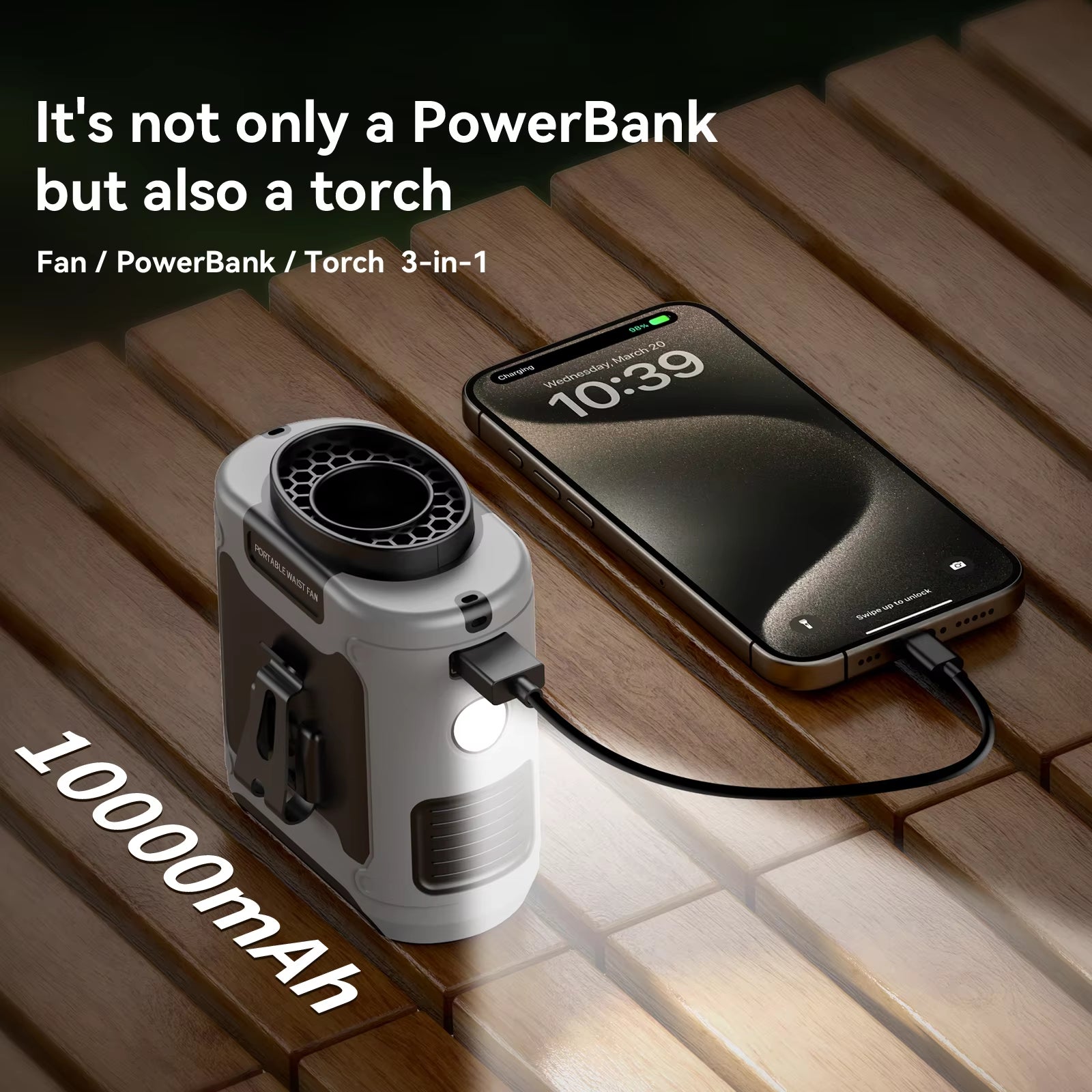 3-in-1 Multifunctional Portanble Fan - Can be used as a powerbank and a torch -