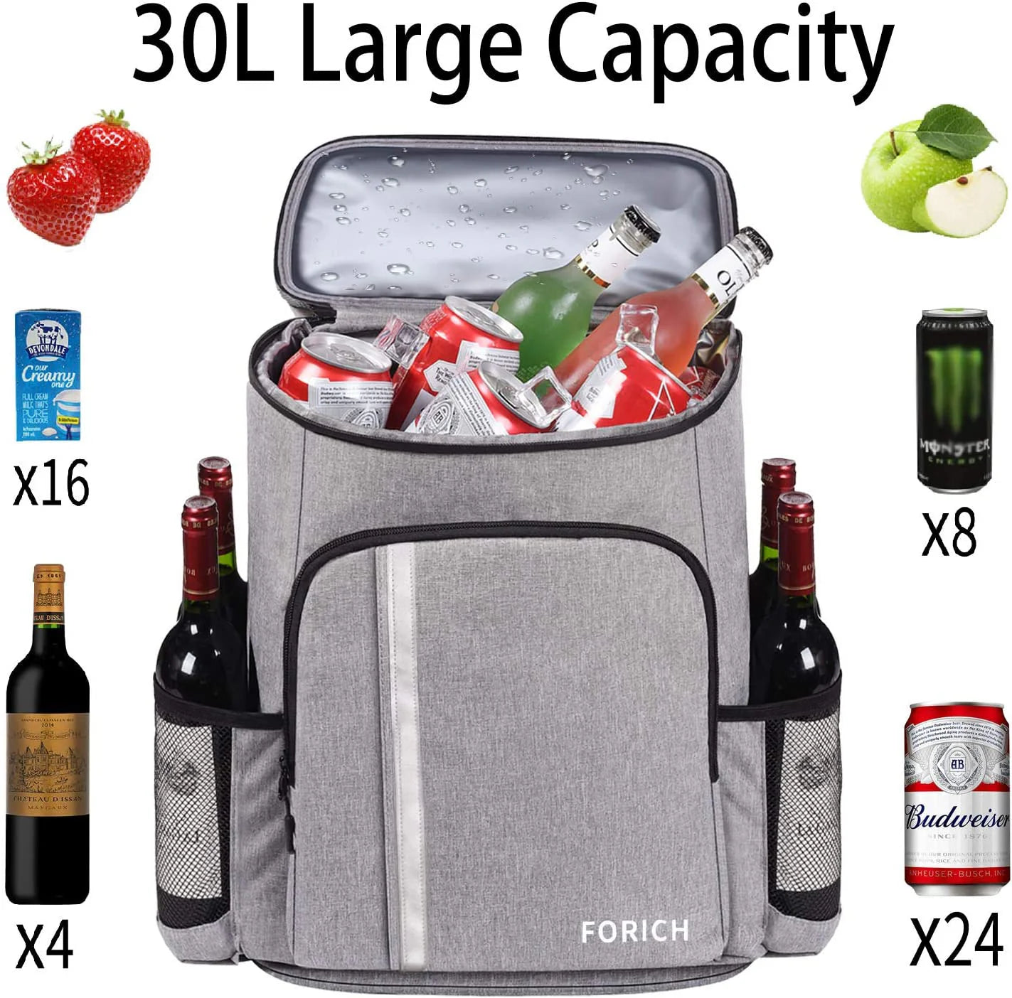 30L Capacity Grey Backpack Cooler Leakproof Insulated Waterproof Backpack Cooler Bag, Lightweight Soft Beach Cooler Backpack for Men Women Family to Work Lunch Picnics Camping Hiking, 30 Cans