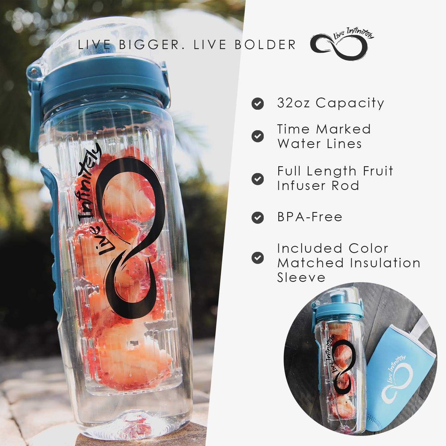 BPA - Free 32Oz Fruit Infusing Water Bottle - Water Infuser Bottle & Insulating Sleeve & Recipe Ebook First Full-Length Infusion Rod - Water Intake Tracker (Ocean) with Colour Matched Insulation Sleeve