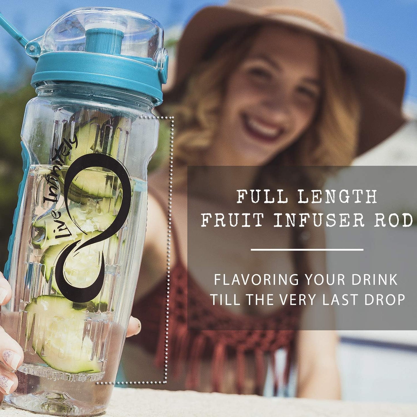 Full Length Fruit Infuser Rod 32Oz Fruit Infusing Water Bottle - Water Infuser Bottle & Insulating Sleeve & Recipe Ebook First Full-Length Infusion Rod - Water Intake Tracker (Ocean) Flavor