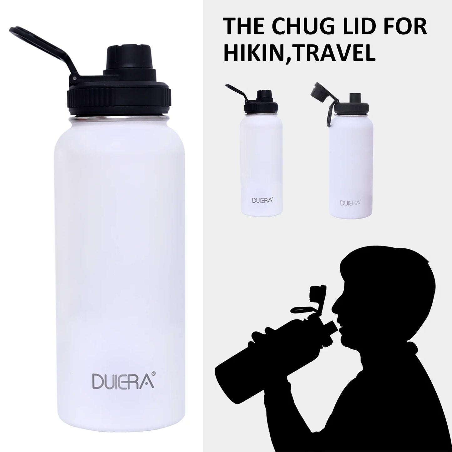 Multiple Lids White Water Bottle 32 Oz Stainless Steel Water Bottle 1L Vacuum BPA Free Water Bottle with Straws & Leak Proof Spout Lids & Straw Brush