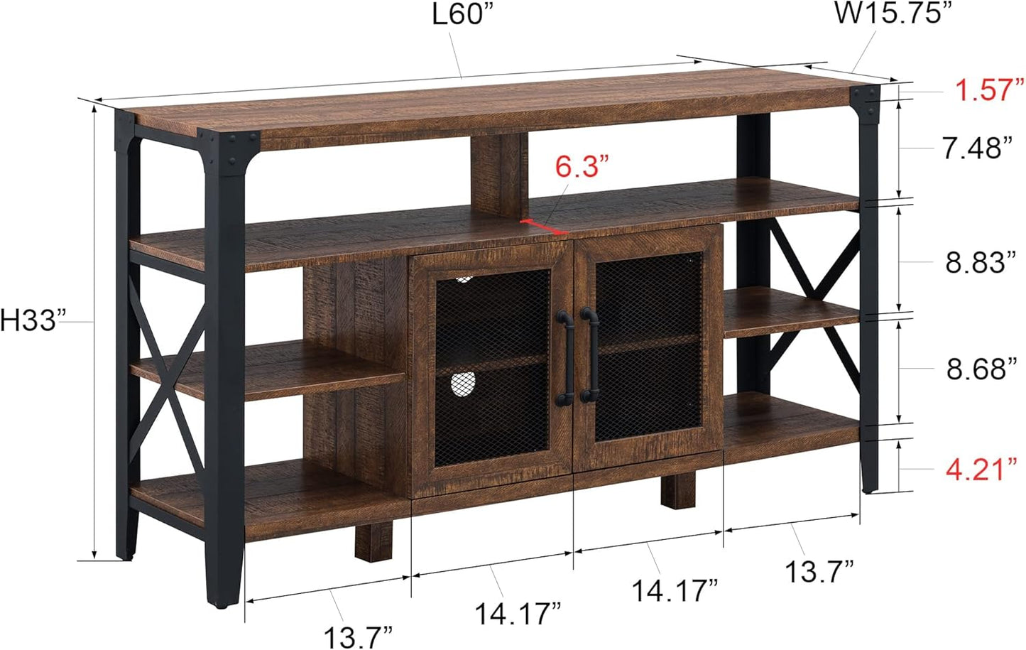 33" TV Stand Industrial Rustic Entertainment Center for 65 Inch TV, 33" Tall Wood Media TV Console Cabinet Table W/Soundbar Shelf & 2" Wide Metal X-Frame for Living Room, Reclaimed Barnwood Color