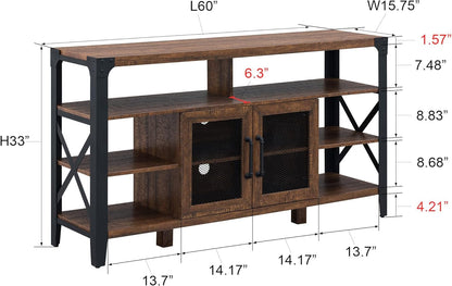 33" TV Stand Industrial Rustic Entertainment Center for 65 Inch TV, 33" Tall Wood Media TV Console Cabinet Table W/Soundbar Shelf & 2" Wide Metal X-Frame for Living Room, Reclaimed Barnwood Color