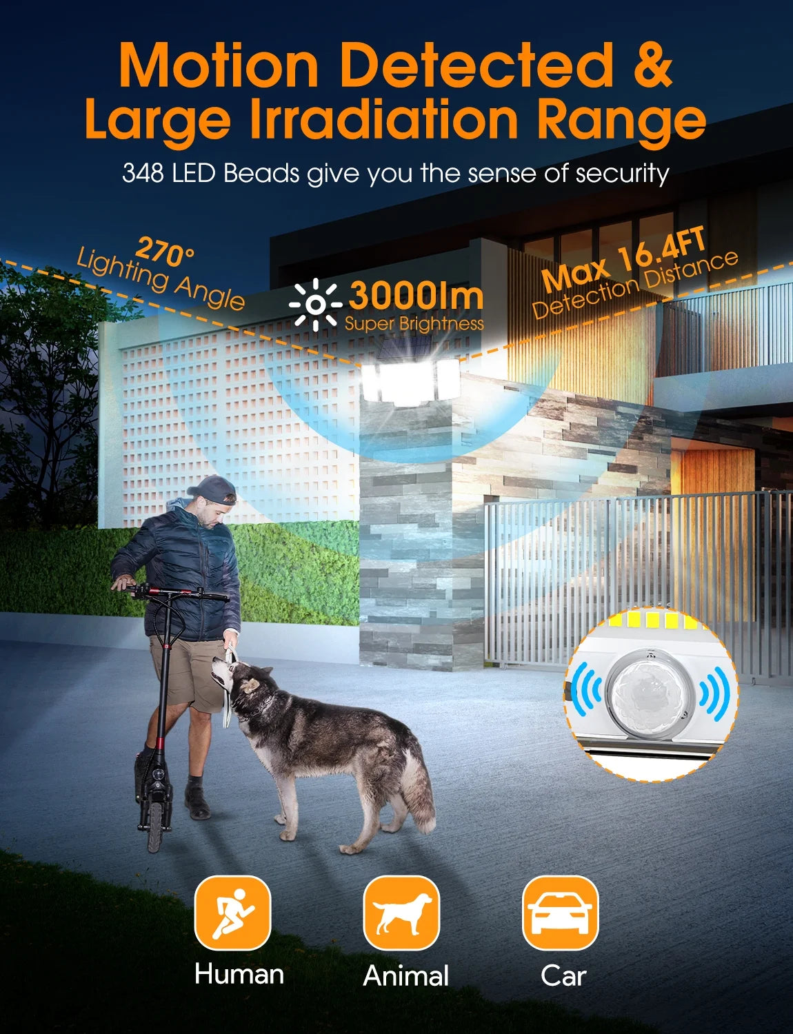 Motion Detected & Large Irradiation Range Solar Lights Outdoor , 348 LED 3000LM Solar Motion Sensor Security Lights, Solar Flood Lights with Remote, 3 Lighting Modes Waterproof Solar Wall Lights for Yard,Garage,Patio Entryways, 2Pack