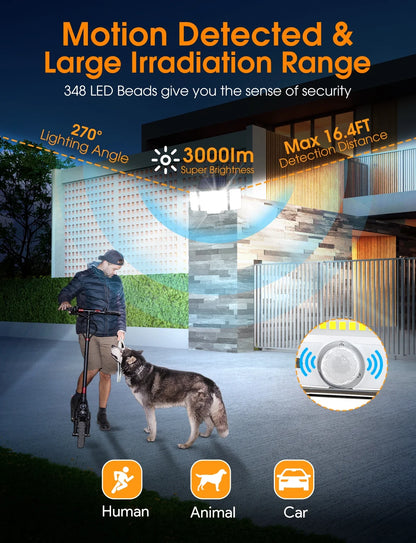 Motion Detected & Large Irradiation Range Solar Lights Outdoor , 348 LED 3000LM Solar Motion Sensor Security Lights, Solar Flood Lights with Remote, 3 Lighting Modes Waterproof Solar Wall Lights for Yard,Garage,Patio Entryways, 2Pack