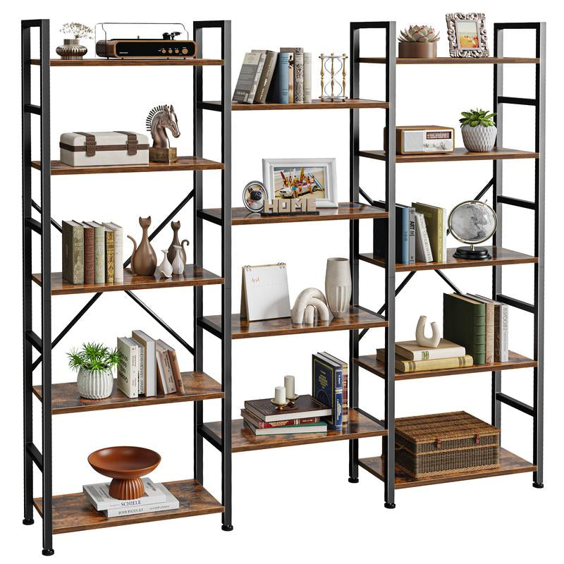 Stylish SUPERJARE Triple 5-Tier Bookshelf with 14 Open Display Shelves - Perfect for Home & Office Organization