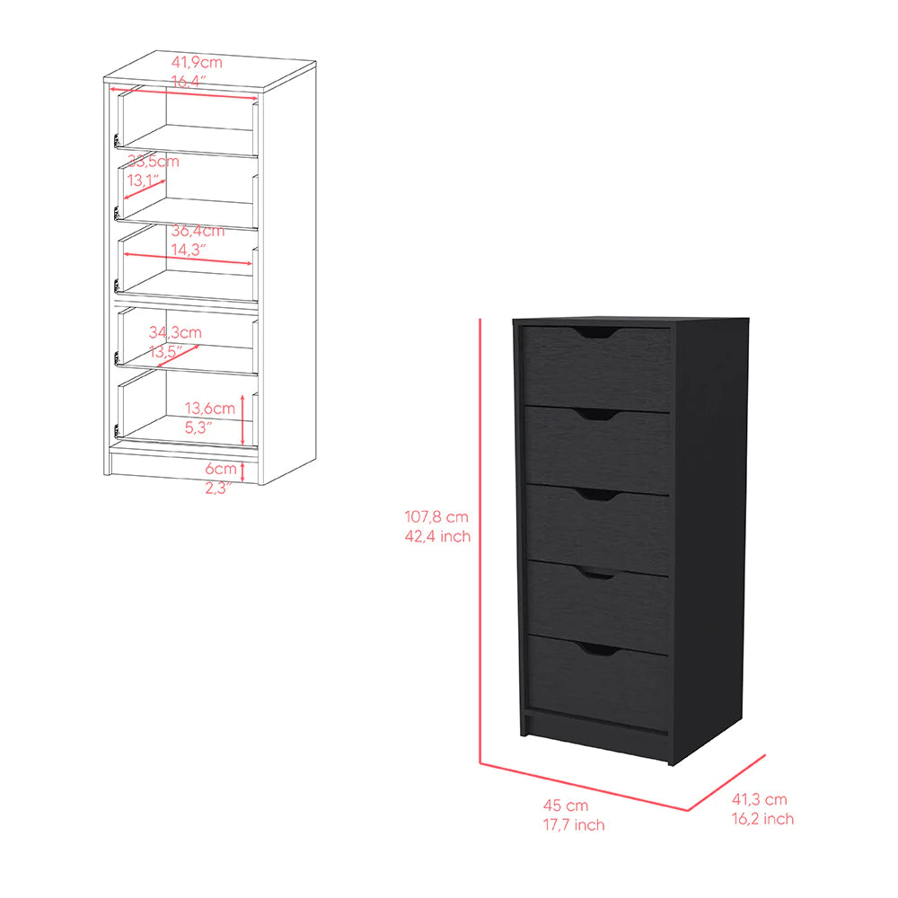 42.4" Dresser Kamran, Five Drawers Narrow, Black Wengue Finish