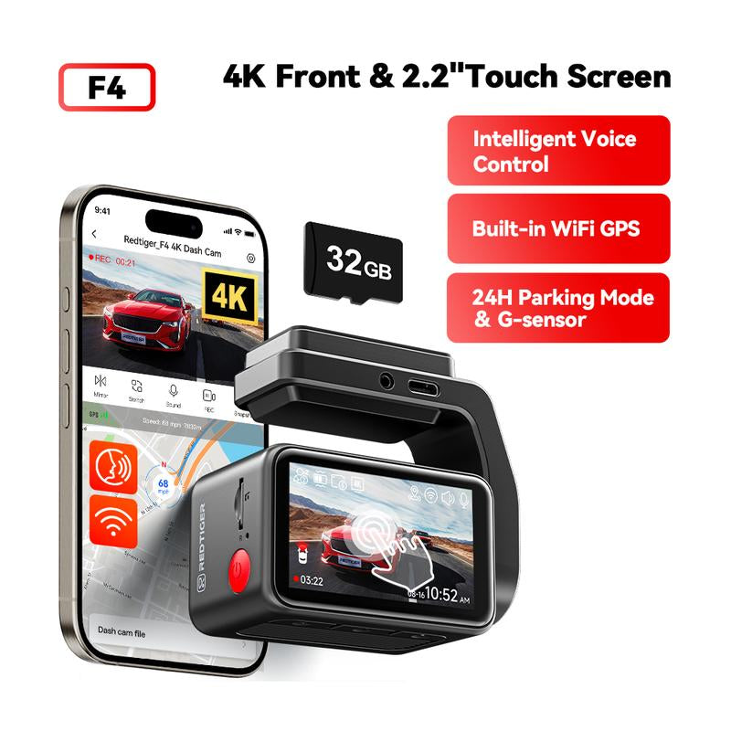 Redtiger F4 4K Dash Cam with Voice Control, WiFi & App, GPS, Super Night Vision, and Loop Recording, Intelligent Voice Control, 24 Hours Parking Mode and G-Sensor, 2.2 Inches Touch Screen.