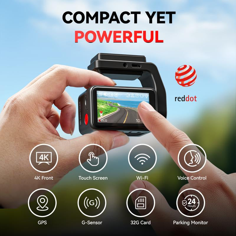 Compact Yet Powerful G-Sensor, 32GB Card, Redtiger F4 4K Dash Cam with Voice Control, WiFi & App, GPS, Super Night Vision, and Loop Recording