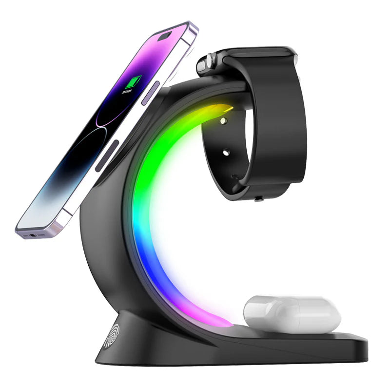 Black 4 in 1 Magnetic Wireless Charger Fast Charging for Smart Phone Atmosphere Light Charging Station for Airpods Pro I-Phone Watch