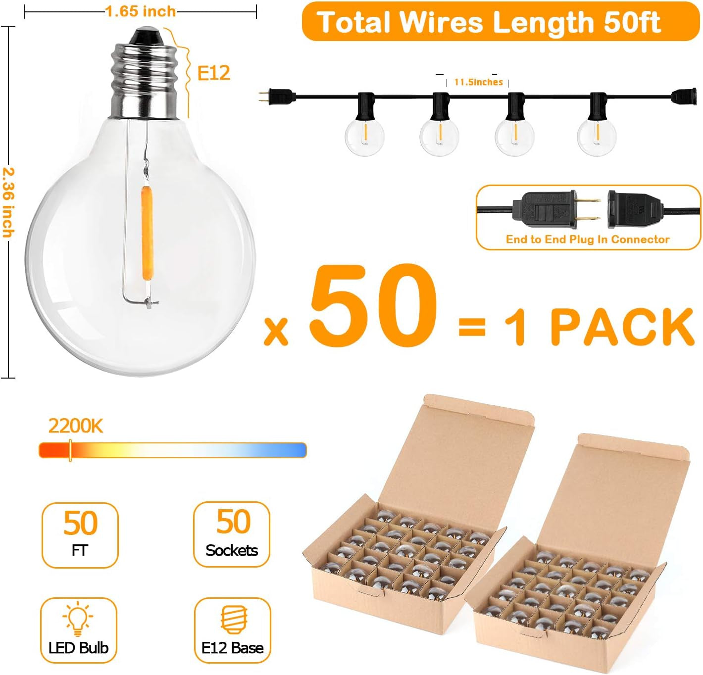 Easy Setup 50FT LED G40 Globe String Lights, Shatterproof Outdoor Patio String Lights with 50+2 Dimmable Edison Bulbs, 50 Backyard Hanging Bistro Light Waterproof for Balcony Party Wedding Market Cafe