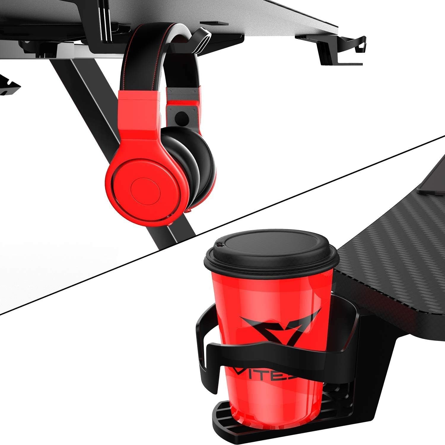 Desk includes a Cup/Bottle Holder 
55 Inch Ergonomic Gaming Desk, Z-Shaped Office PC Computer Desk with Large Mouse Pad, Gamer Tables Pro with USB Gaming Handle Rack, Stand Cup Holder&Headphone Hook (Black, 55 Inch)