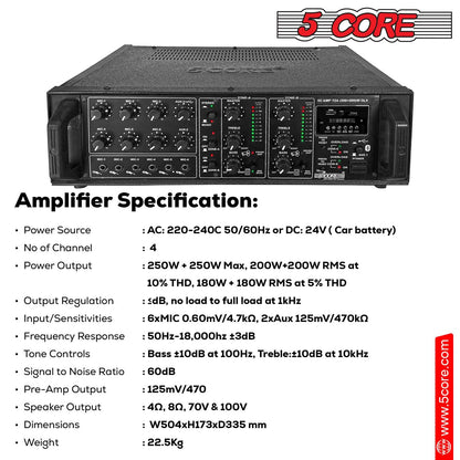 Amplifier Specification Description 
5 Core 4000W PA System Outdoor Indoor Commercial Industrial Grade Paging Kit W/ 32 Wall Speakers