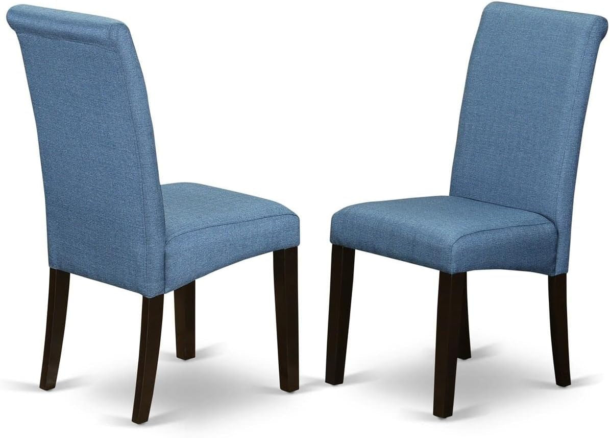 Blue Chairs BOBA5-CAP-21 5 Piece Kitchen Table & Chairs Set Includes a round Dining Room Table and 4 Blue Color Linen Fabric Parsons Dinette Chairs, 42X42 Inch, Cappuccino