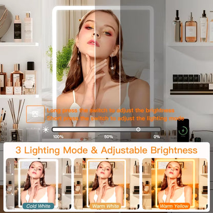 Three Lighting Mode & Adjustable Brightness 
65.9'' Vanity Desk with LED Lighted Mirror;Power Outlet,Modern Corner Makeup Vanity Table 8 Drawers; Open Shelve, Dressing Table