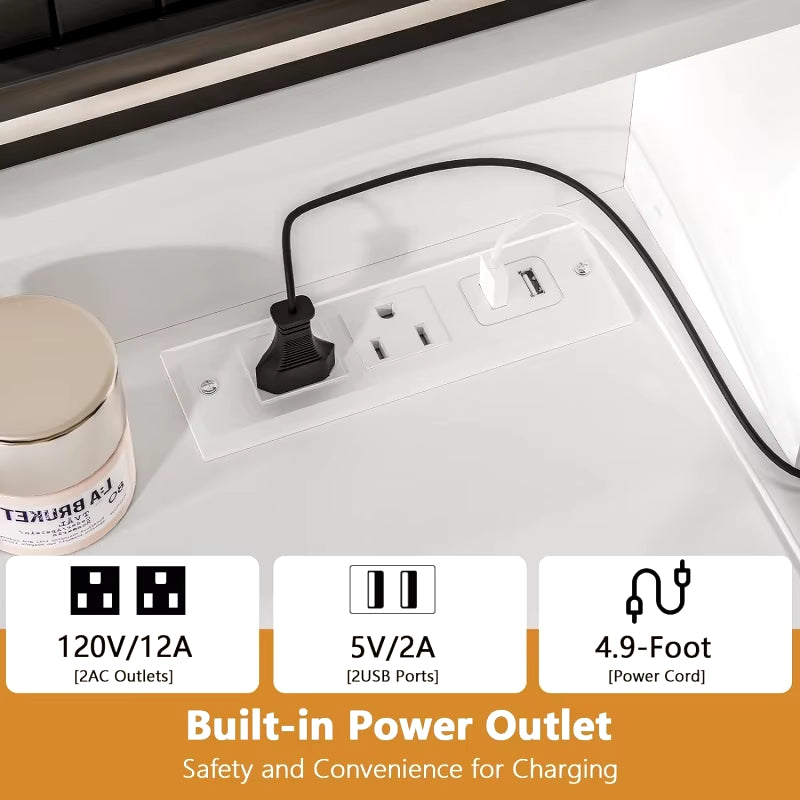 Built-in Power Outlet 
65.9'' Vanity Desk with LED Lighted Mirror;Power Outlet,Modern Corner Makeup Vanity Table 8 Drawers; Open Shelve, Dressing Table