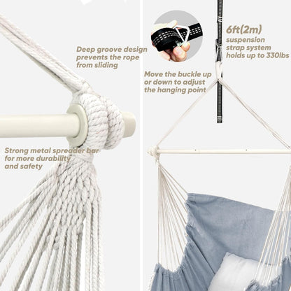 Strong Metal Spreader Bar for More Durability and Safety
Hammock Chair Hanging Swing Max 500 Lbs 2 Cushions Included Steel Spreader Bar with Anti-Slip Grooves Portable Hanging Chair Side Pocket Large Macrame Bohemian Chair Indoor Outdoor