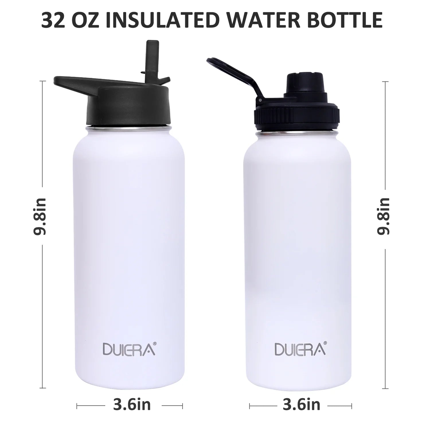9.8" Long White Water Bottle 32 Oz Stainless Steel Water Bottle 1L Vacuum BPA Free Water Bottle with Straws & Leak Proof Spout Lids & Straw Brush
