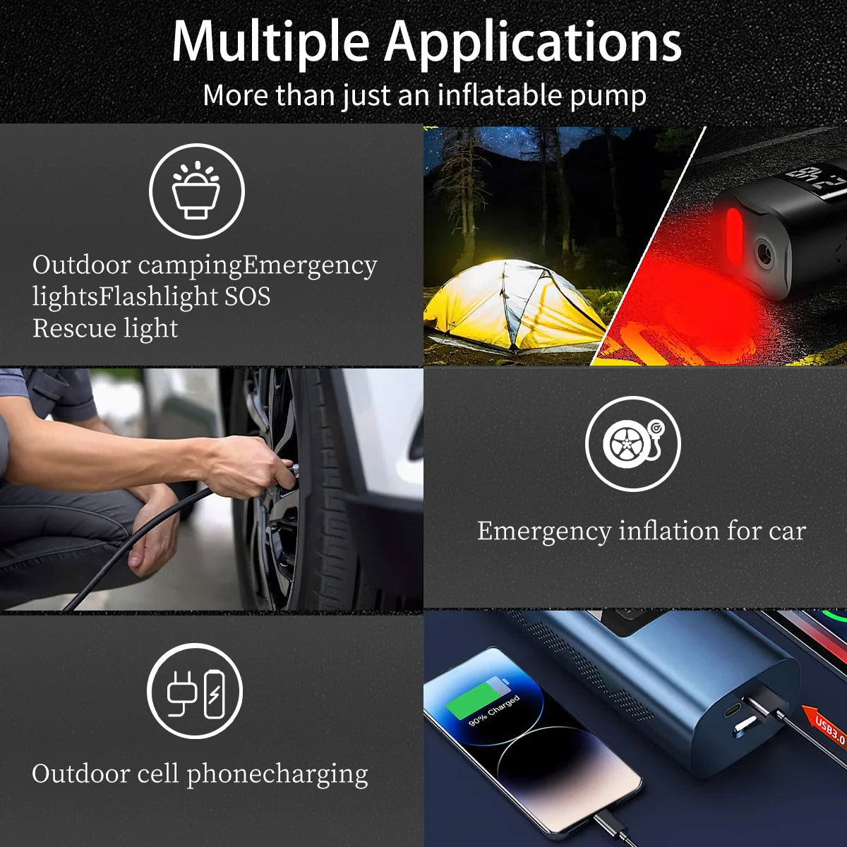 Multiple Applications can be used as outdoor camping emergency flashlight, emergency inflation for car and outdoor cell phone charging