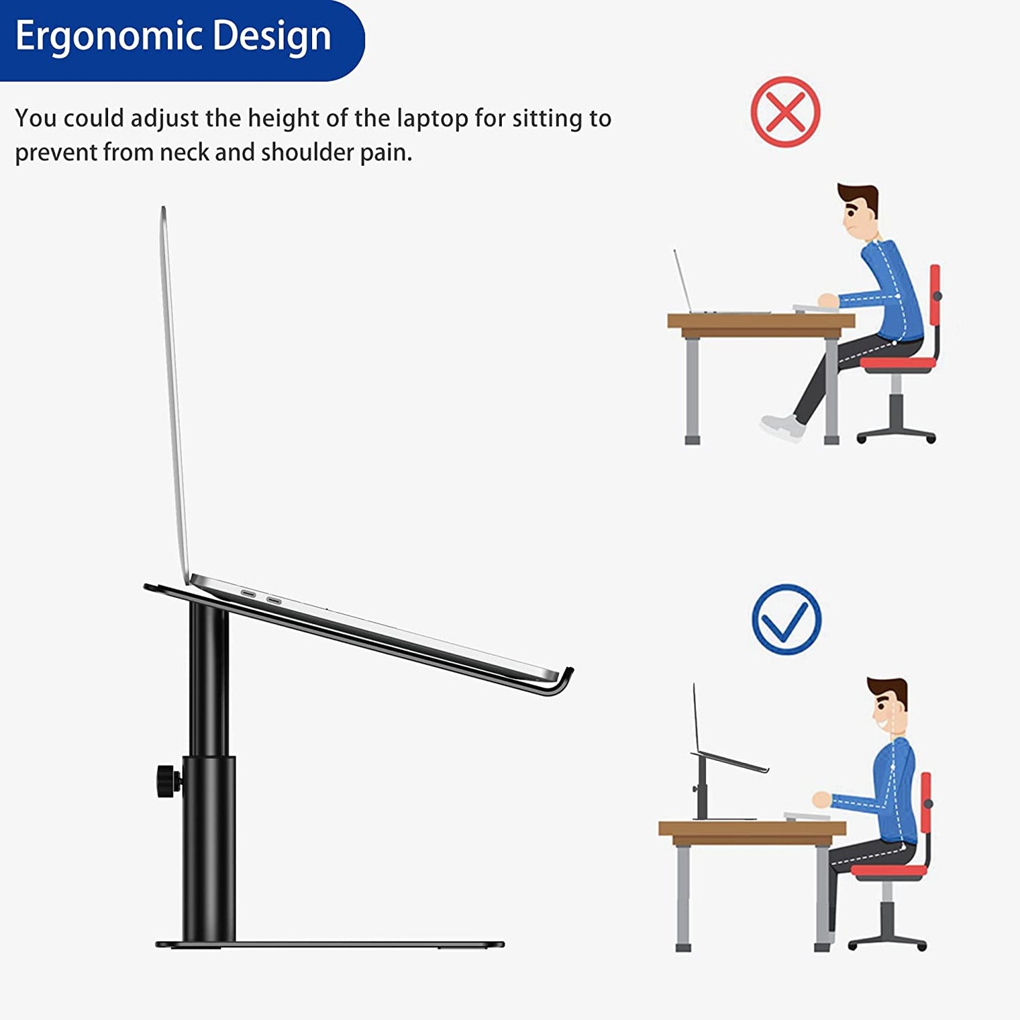 Efficient Aluminium Laptop Stand, Ergonomic Adjustable Notebook Stand, Riser Holder Computer Stand Compatible with Air, Pro, Dell, HP, Lenovo More 10-15.6" Laptops (Black), supports Sitting Positions Avoiding Neck and Shoulder Pain