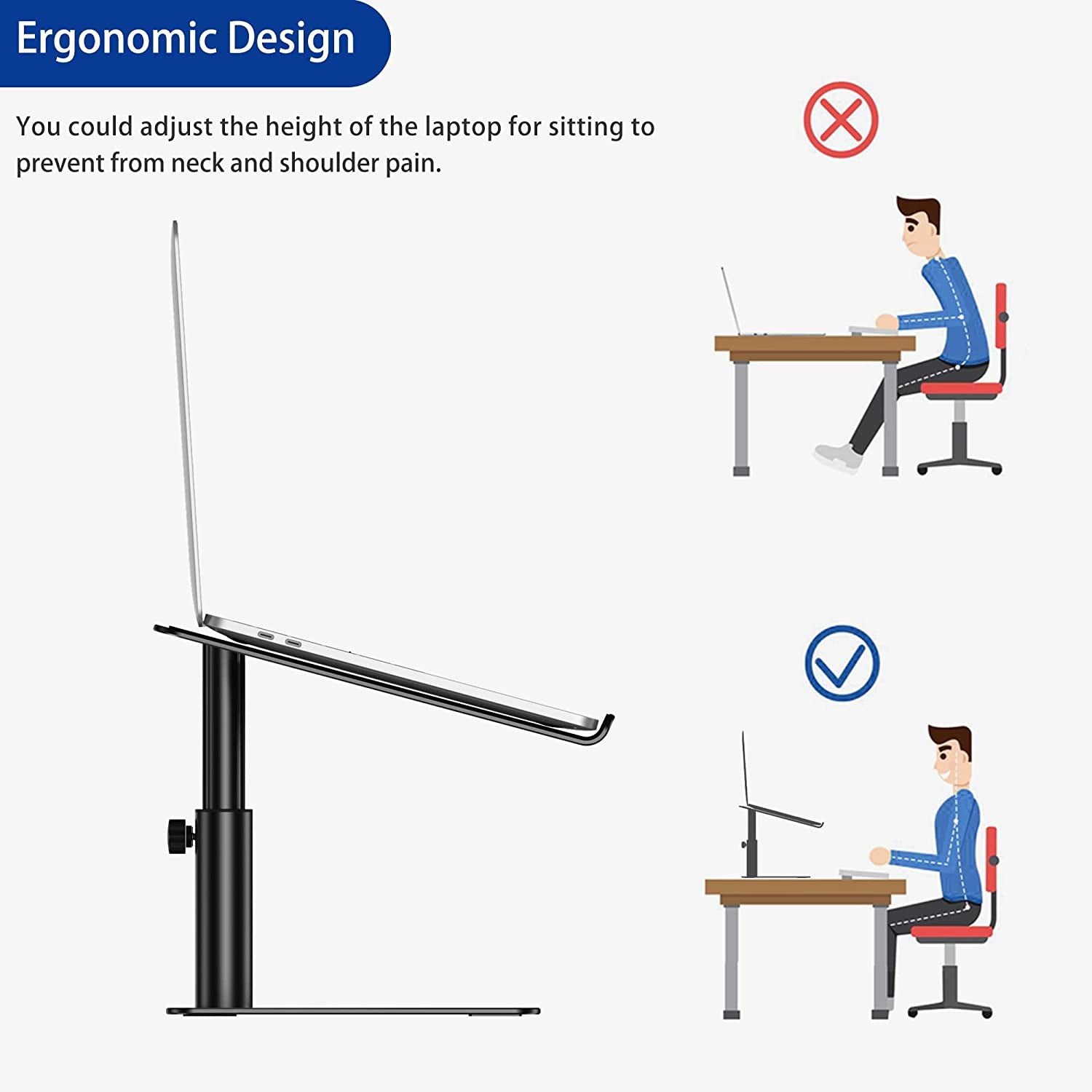 Efficient Aluminium Laptop Stand, Ergonomic Adjustable Notebook Stand, Riser Holder Computer Stand Compatible with Air, Pro, Dell, HP, Lenovo More 10-15.6" Laptops (Black), supports Sitting Positions Avoiding Neck and Shoulder Pain