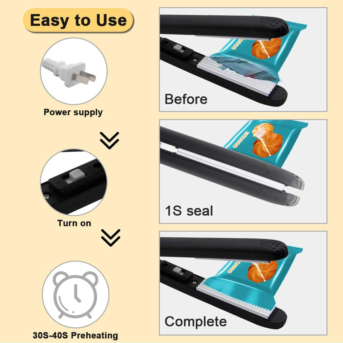 Bag Sealer,Chip Bag Sealer,Heat Sealer,Bag Sealer Heat Seal, Handheld Bag Sealer for Food Storage,Portable Sealer Machine for Plastic Bags,Snack Bags,Vacuum Food Bag (Dark Black) Preheat