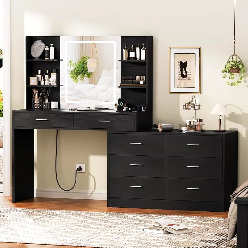 Black 65.9'' Vanity Desk with LED Lighted Mirror;Power Outlet,Modern Corner Makeup Vanity Table 8 Drawers; Open Shelve, Dressing Table