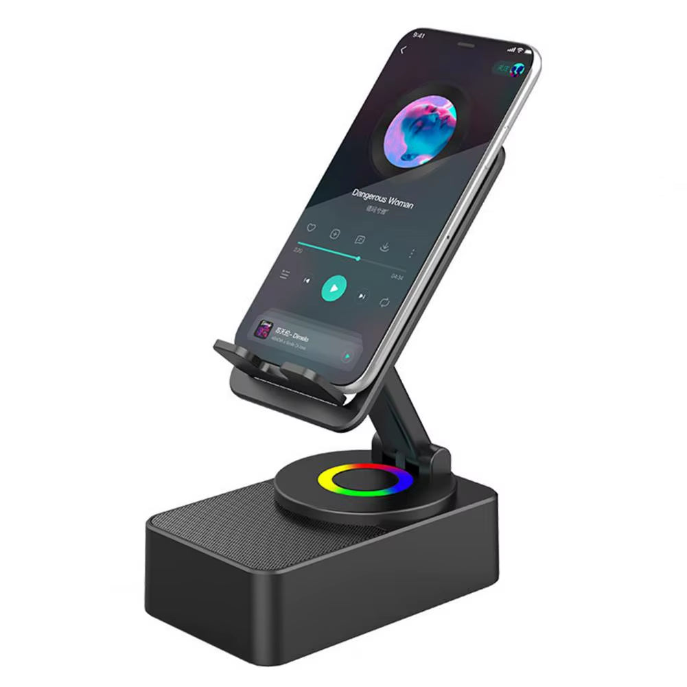 Black Bluetooth Speaker Phone Holder - Adjustable Rotating Stand with Wireless Audio for Ultimate Convenience