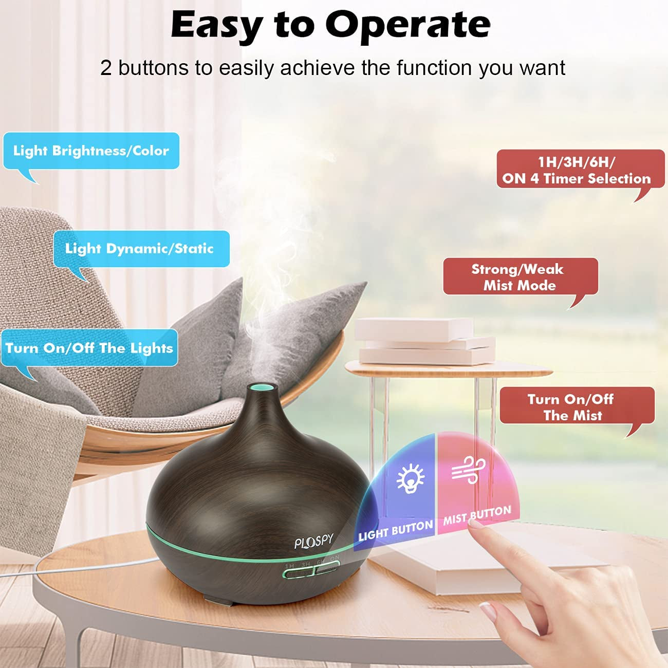 Easy to Operate Diffusers for Essential Oils, 550Ml Aroma Diffuser Ultrasonic Essential Oil Diffuser Cool Mist Humidifier with 4 Timer & 15 Colors Light, Auto Power-Off Air Diffusers for Home Office